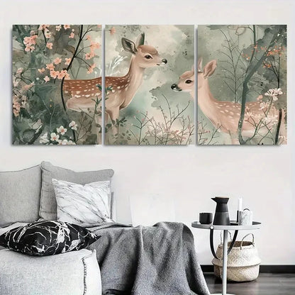 3pcs Deer Rustic Wildlife & Floral Scene Metal Print Ready to Hang Art