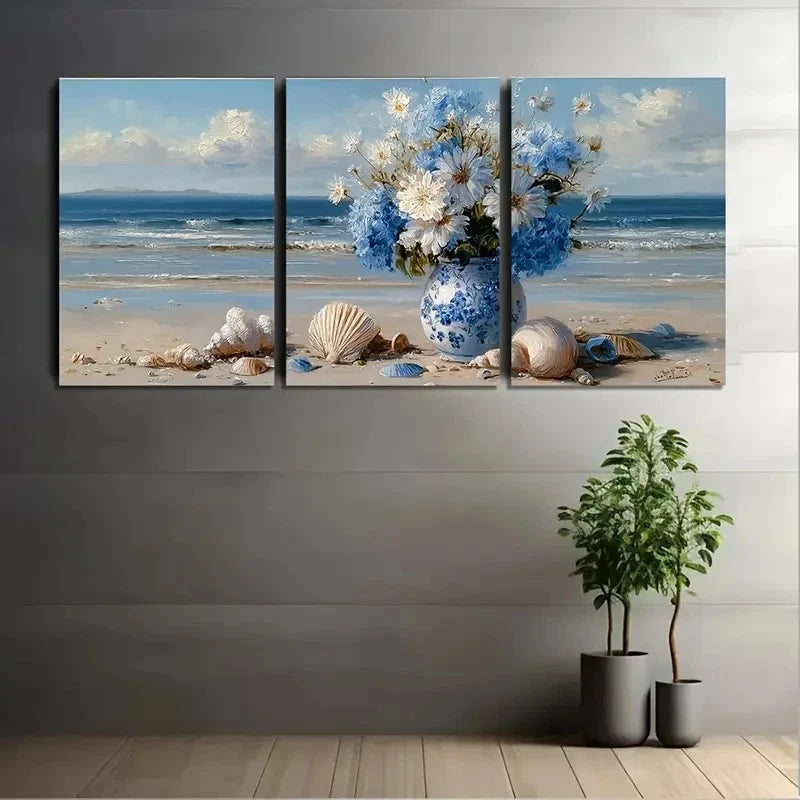 3pcs Blue And White Flowers In Vase Wall Art Set Canvas Framed 60x90cm - High Quality Print 100% Australian Made Wall Canvas Ready to Hang