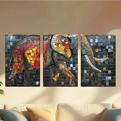 3pcs Mosaic Elephant Wall Art Canvas Unframed - High Quality Print 100% Australian Made Wall Canvas