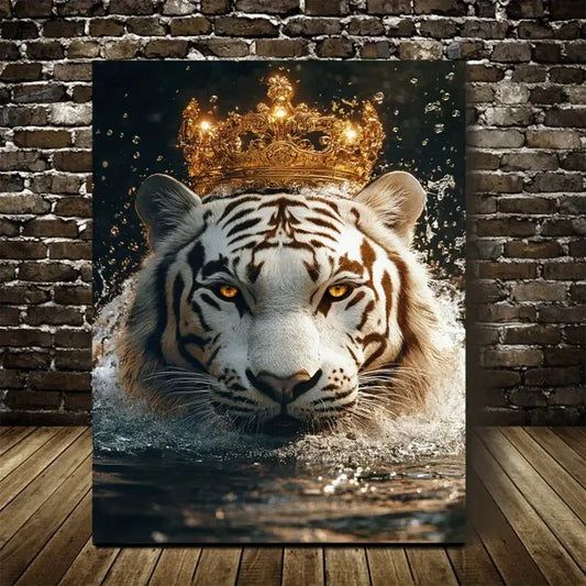 Contemporary Luxury White Tiger with Golden Painting 40x60cm Metal Print Ready to Hang