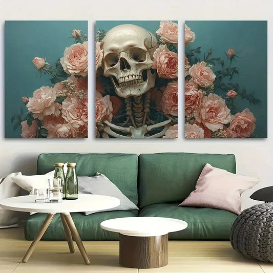 3pcs Dark Academia Skull & Rose Design Metal Print Ready to Hang Art