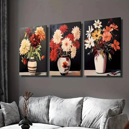3pcs Colorful Red Orange White Flowers in Vases Wall Art Set Canvas Framed 40x60cm - High Quality Print 100% Australian Made Wall Canvas Ready to Hang