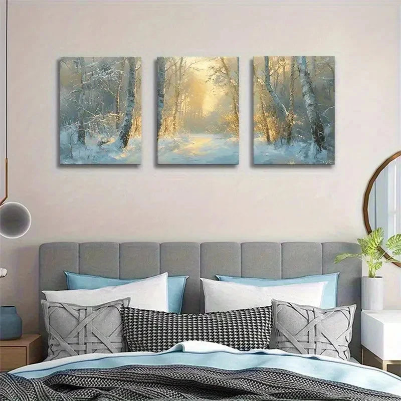 3pcs Golden Sunlight Winter Forest Landscape Metal Print Ready to Hang Art