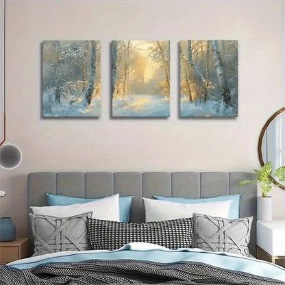 3pcs Golden Sunlight Winter Forest Landscape Metal Print Ready to Hang Art