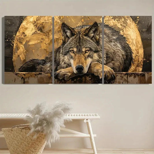 3pcs Abstract Forest Animal Wolf Moon Metal Print Ready to Hang Art