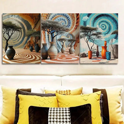 3pcs African Pots And Vases Painting Metal Print Ready to Hang Art
