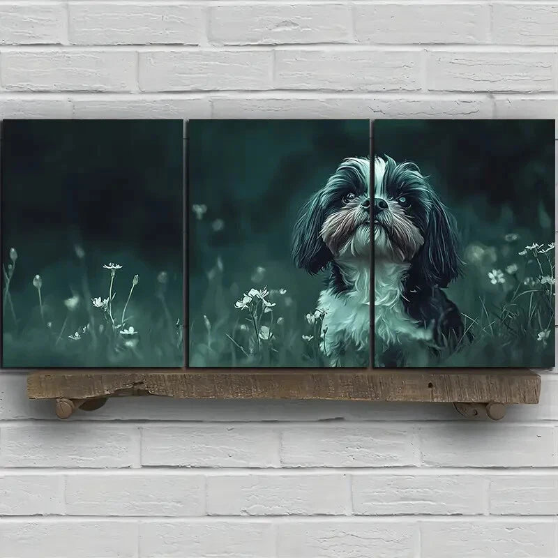 3pcs Dog on the Grass Dark Green Metal Print Ready to Hang Art