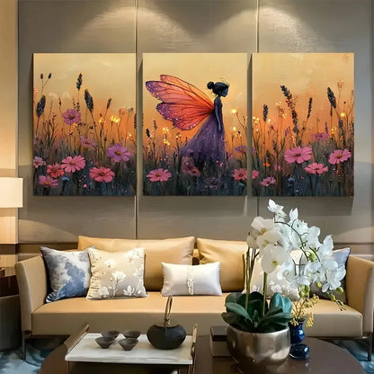 3pcs Vibrant Purple & Pink Floral Fairy with Wings Metal Print Ready to Hang Art