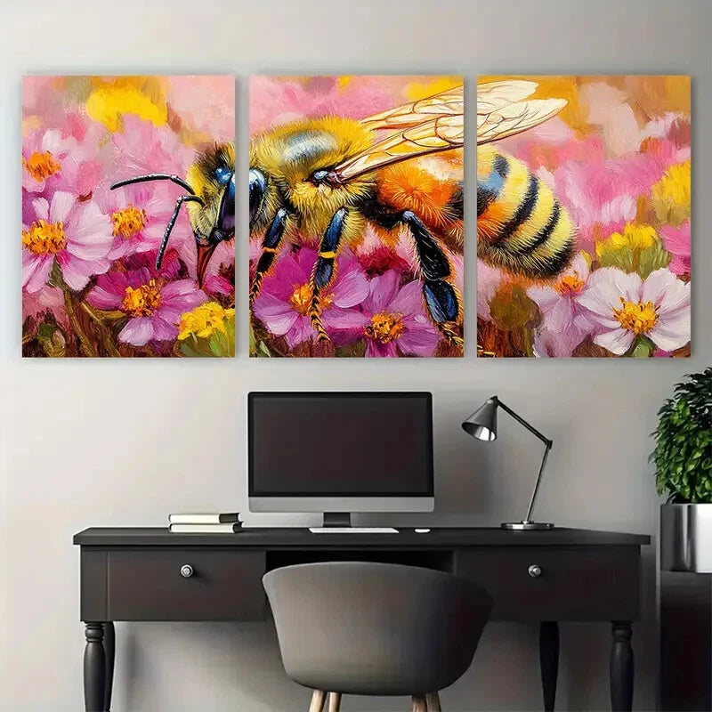 3pcs Vibrant Honeybee on Pink Florals Metal Print Ready to Hang Art