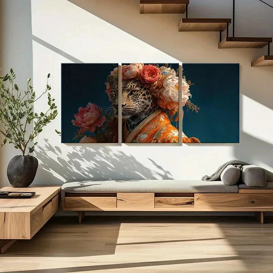 3pcs Elegant Leopard Floral Crown Orange Kimono Metal Print Ready to Hang Art