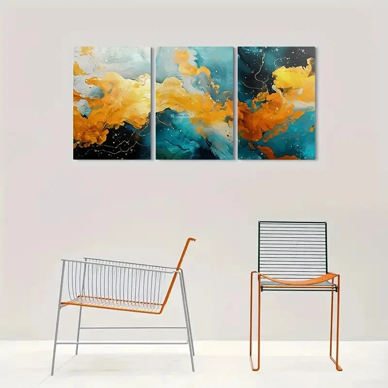 3pcs Vibrant Blue Yellow Orange Splashes Metal Print Ready to Hang Art