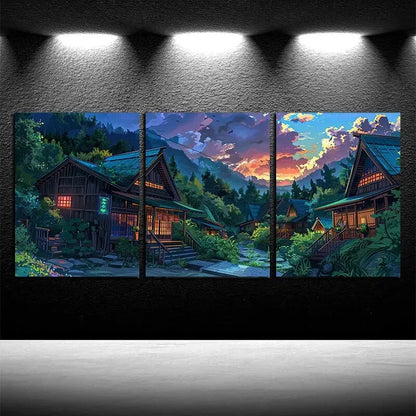 3pcs Peaceful Rural Valleys House Landscape Metal Print Ready to Hang Art