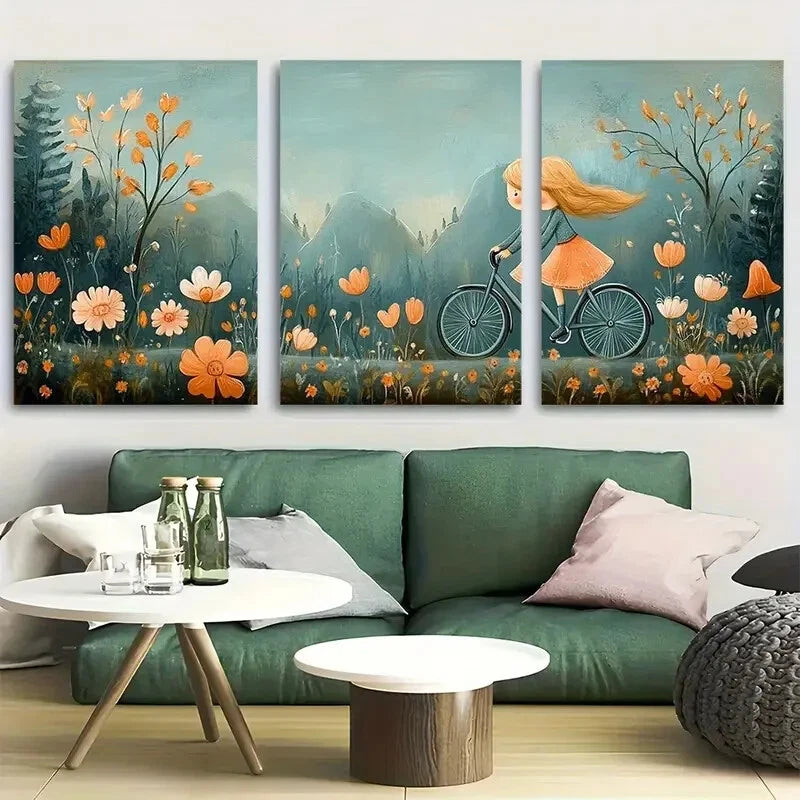 3pcs Biking Girl Nature Inspired Design Metal Print Ready to Hang Art