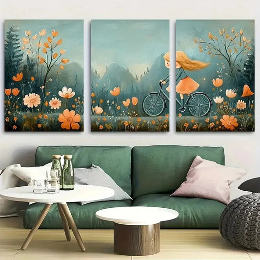 3pcs Biking Girl Nature Inspired Design Metal Print Ready to Hang Art