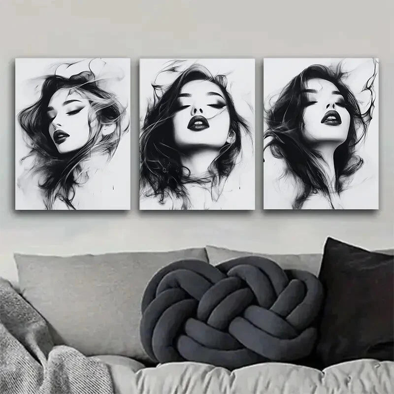 3pcs Monochrome Portrait Flowing Hair Perfect Wall Art Set Canvas Framed 40x60cm - High Quality Print 100% Australian Made Wall Canvas Ready to Hang