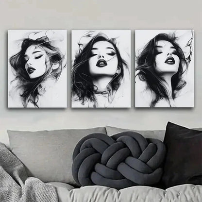 3pcs Monochrome Portrait Flowing Hair Perfect Wall Art Set Canvas Framed 40x60cm - High Quality Print 100% Australian Made Wall Canvas Ready to Hang