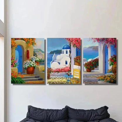 3pcs Santorini Greece Landscape & Floral Garden Wall Art Canvas Unframed – High Quality Print 100% Australian Made Wall Canvas