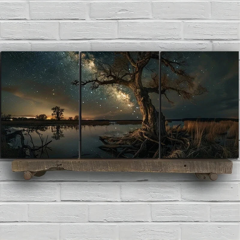 3pcs Starry Sky Black Big Tree Metal Print Ready to Hang Art