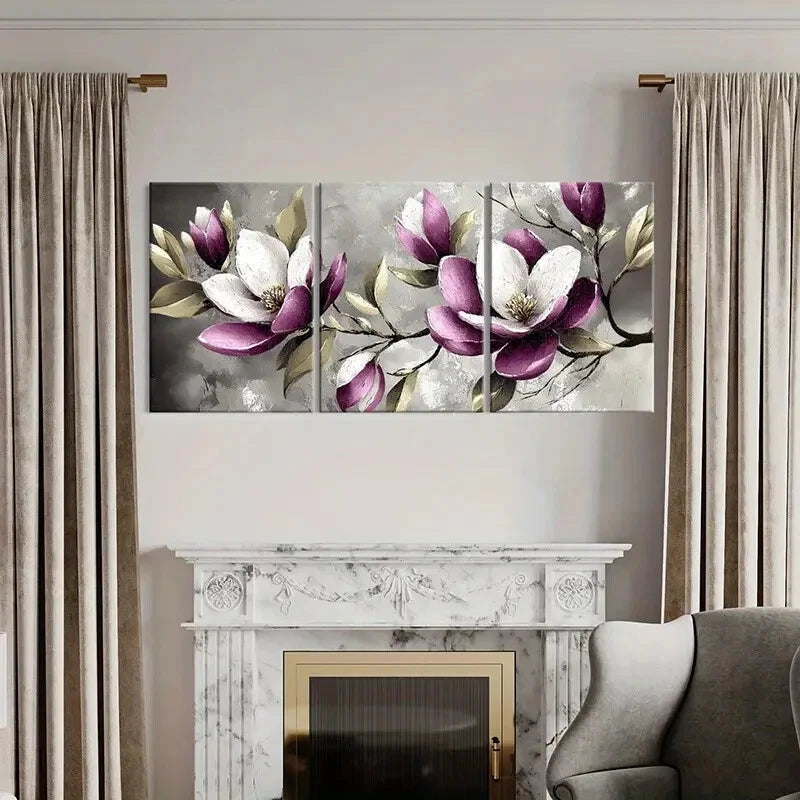 3pcs Set of Elegant Magnolia Floral Metal Print Ready to Hang Art