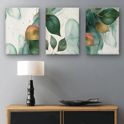 3pcs Abstract Botanical Green and Gold Leaves Wall Art Set Canvas Framed 40x60cm - High Quality Print 100% Australian Made Wall Canvas Ready to Hang