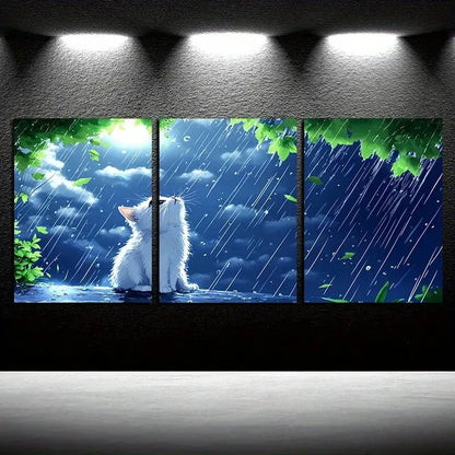 3pcs White Cat in Rain Animal Theme Design Metal Print Ready to Hang Art