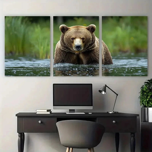 3pcs Humorous Brown Bear Lake Scene Metal Print Ready to Hang Art