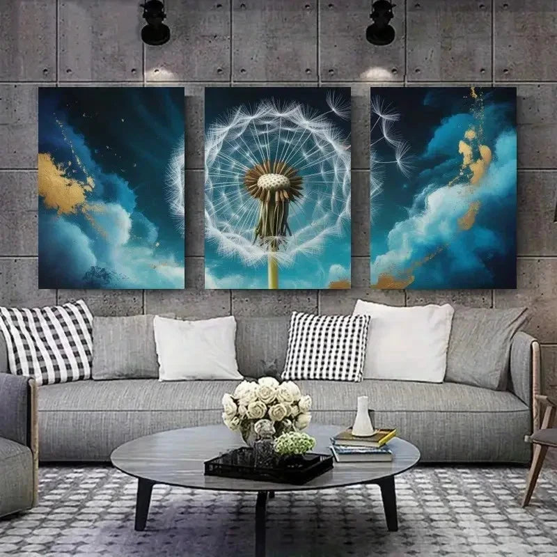 3pcs Dandelion Blue Abstract Decorations Painting Metal Print Ready to Hang Art
