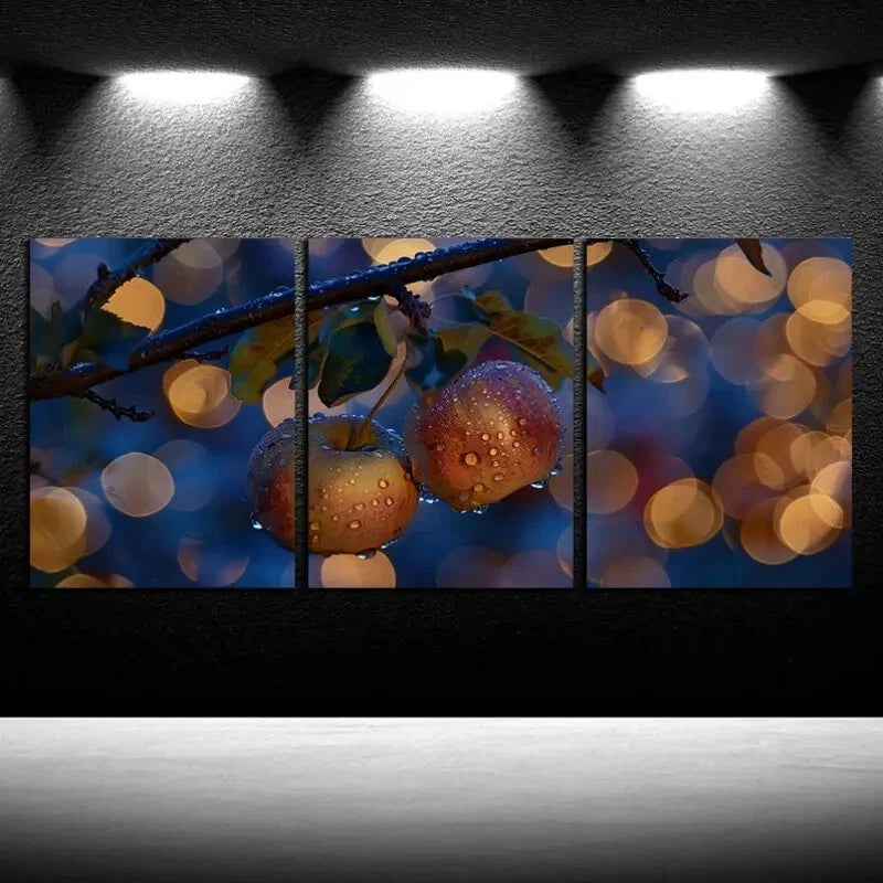 3pcs Apples with Water Droplets on Branches Design Metal Print Ready to Hang Art