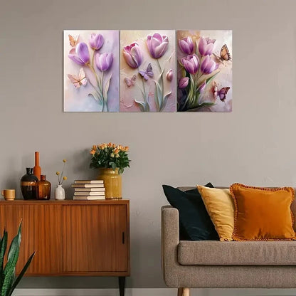 3pcs Purple Tulip And Butterfly Decoration Metal Print Ready to Hang Art
