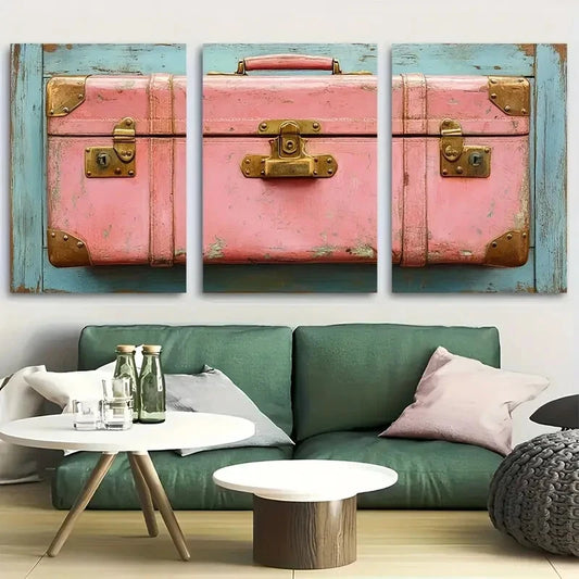 3pcs Vibrant Pink Suitcase Metal Print Ready to Hang Art