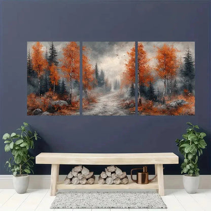 3pcs Autumn Forest Winding Trail Nature Painting Metal Print Ready to Hang Art