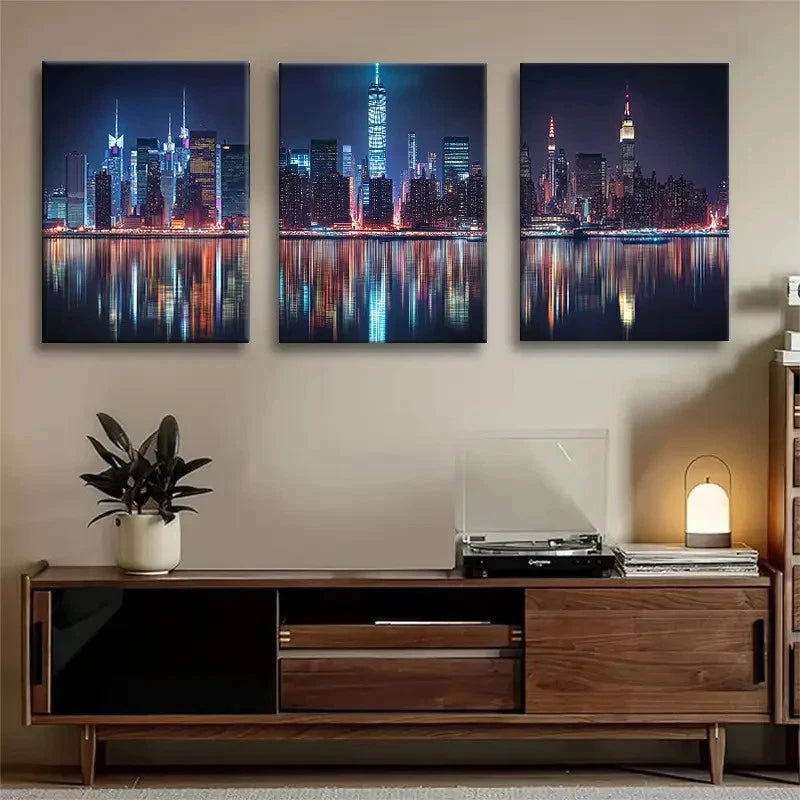 3pcs Illuminated Skyscrapers & Water Reflection Metal Print Ready to Hang Art
