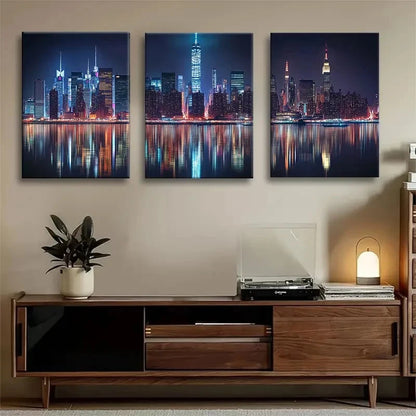 3pcs Illuminated Skyscrapers & Water Reflection Metal Print Ready to Hang Art