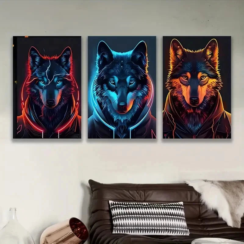 3pcs Neon Wolf Portrait Wall Art Set Canvas Framed 40x60cm - High Quality Print 100% Australian Made Wall Canvas Ready to Hang