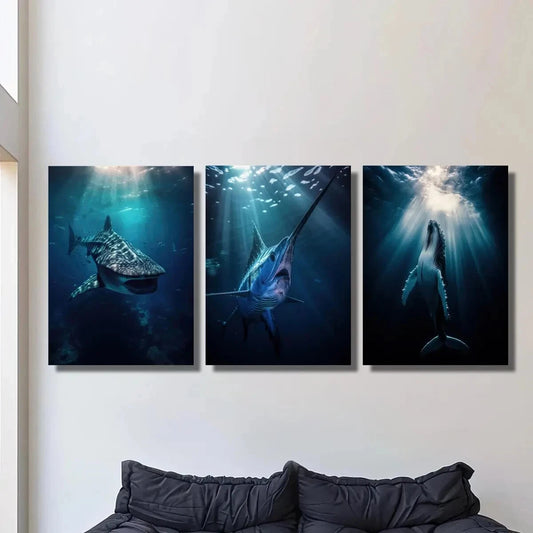 3pcs Whale Shark Swordfish Aquatic Animal Metal Print Ready to Hang Art