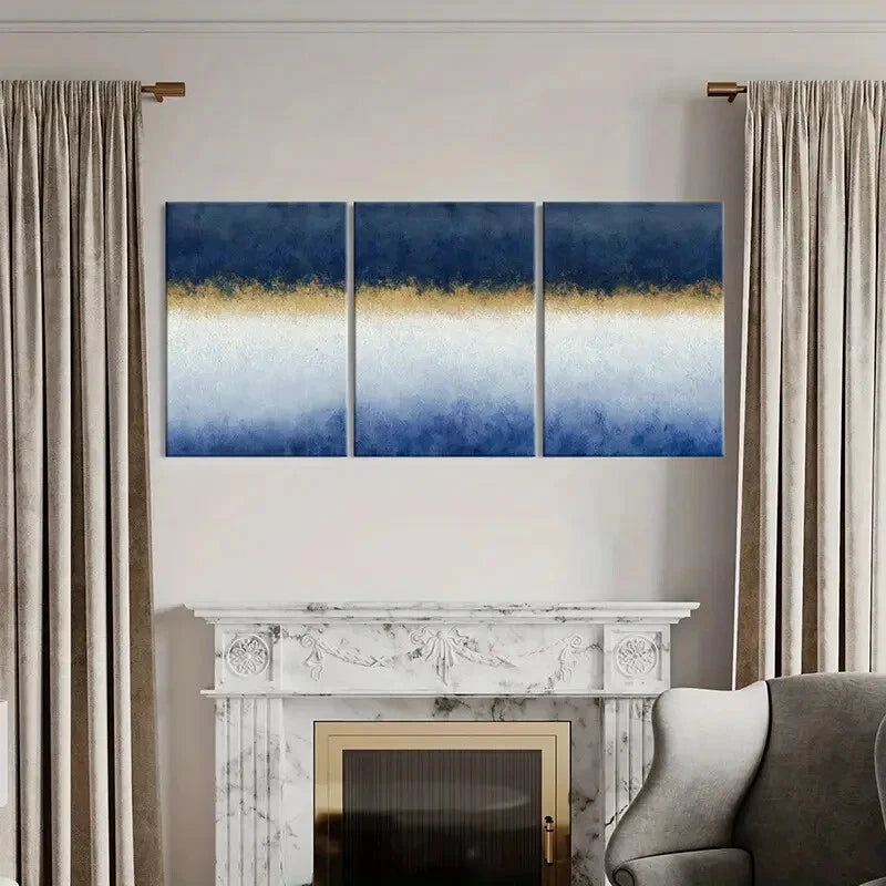 3pcs Blue White Golden Abstract Gradient Wall Art Metal Print Ready to Hang Art