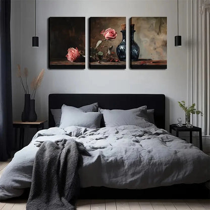 3pcs Pink Roses & Dark Bottles Dark Perfect Wall Art Set Canvas Framed 40x60cm - High Quality Print 100% Australian Made Wall Canvas Ready to Hang