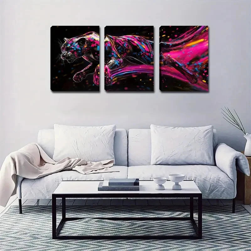 3pcs Vibrant Black Panther Design Perfect Wall Art Set Canvas Framed 40x60cm - High Quality Print 100% Australian Made Wall Canvas Ready to Hang