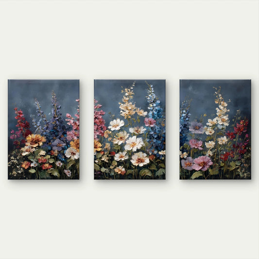 3pcs Textured Colourful Floral Garden Landscape Wall Art Set Canvas Framed 50x70cm - High Quality Print 100% Australian Made Wall Canvas Ready to Hang