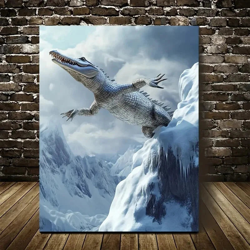 Crocodile Leaping On Snowy Mountain Painting 40x60cm Metal Print Ready to Hang