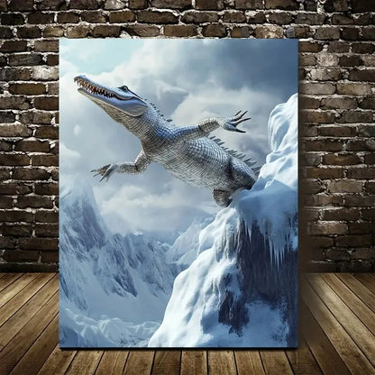 Crocodile Leaping On Snowy Mountain Painting 40x60cm Metal Print Ready to Hang