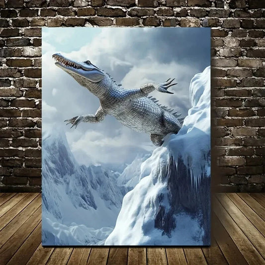 Crocodile Leaping On Snowy Mountain Painting 40x60cm Metal Print Ready to Hang