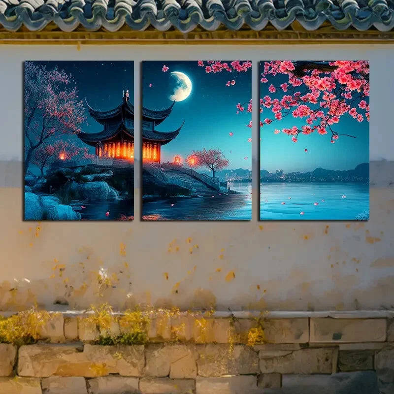 3pcs Ancient Pagoda by Moonlight Scenery Metal Print Ready to Hang Art