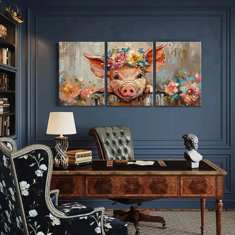 3pcs Pig Floral Crown Abstract Animal Art Metal Print Ready to Hang Art