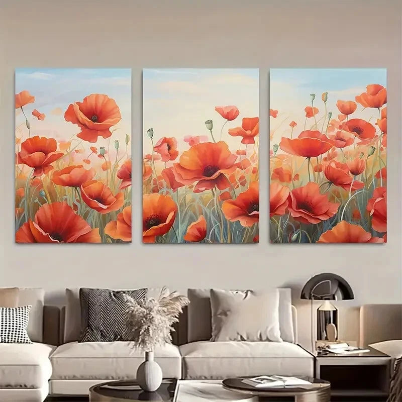 3pcs Vibrant Red Poppy Wildflower Boho Style Metal Print Ready to Hang Art