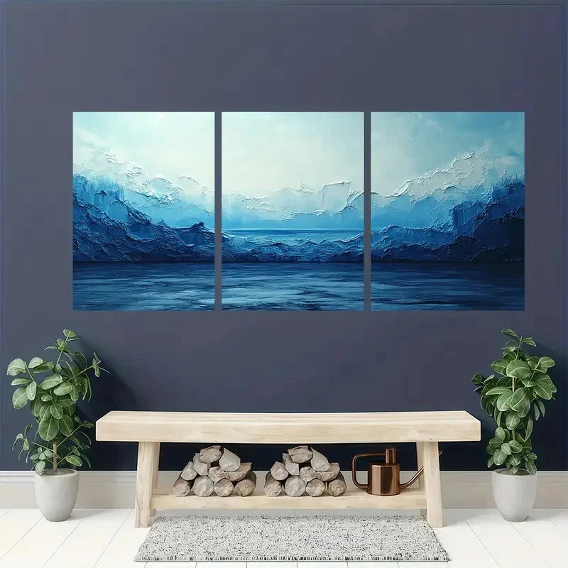 3pcs Abstract Blue & White Minimalist Metal Print Ready to Hang Art