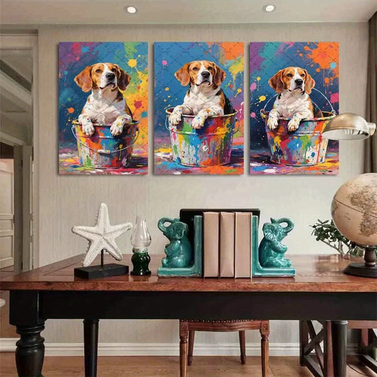 3pcs Vibrant Abstract Beagle Bathtub Metal Print Ready to Hang Art
