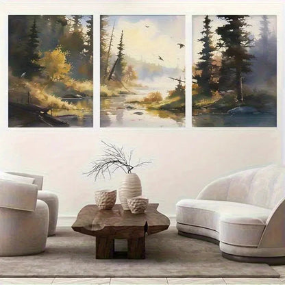 3pcs Forest Stream Serene Sunrise with Misty Trees Metal Print Ready to Hang Art