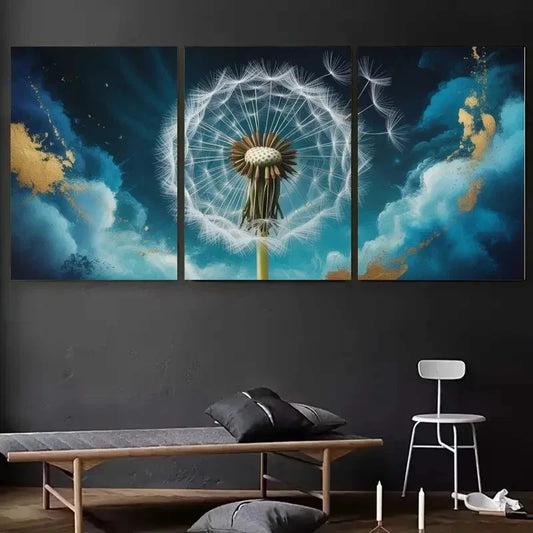 3pcs Dandelion Blue Abstract Decorations Painting Metal Print Ready to Hang Art