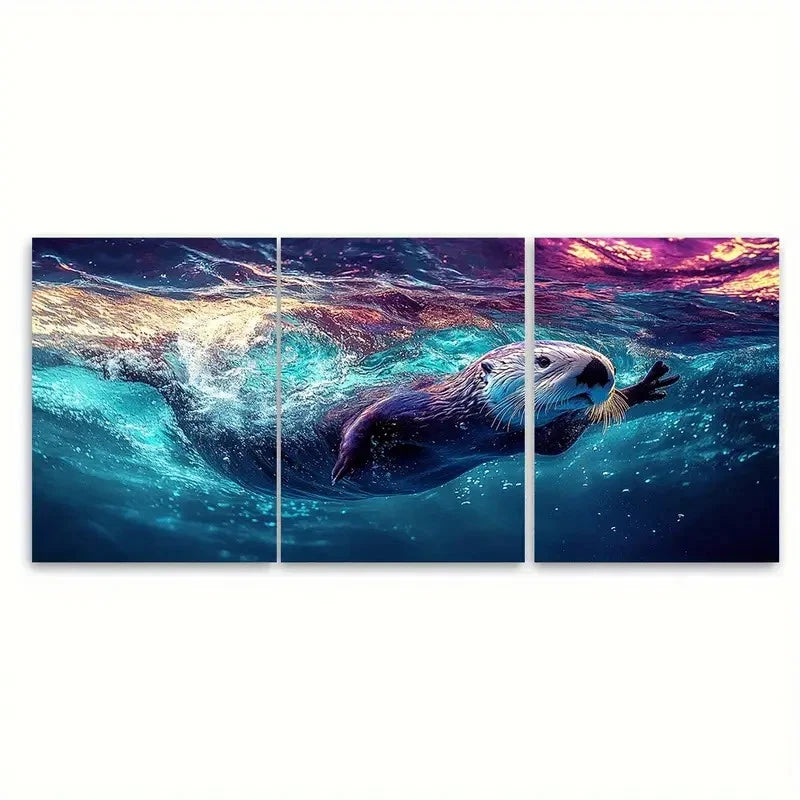 3pcs Cute Sea Otter Swimming in Blue Water Wall Art Set Canvas Framed 60x90cm - High Quality Print 100% Australian Made Wall Canvas Ready to Hang